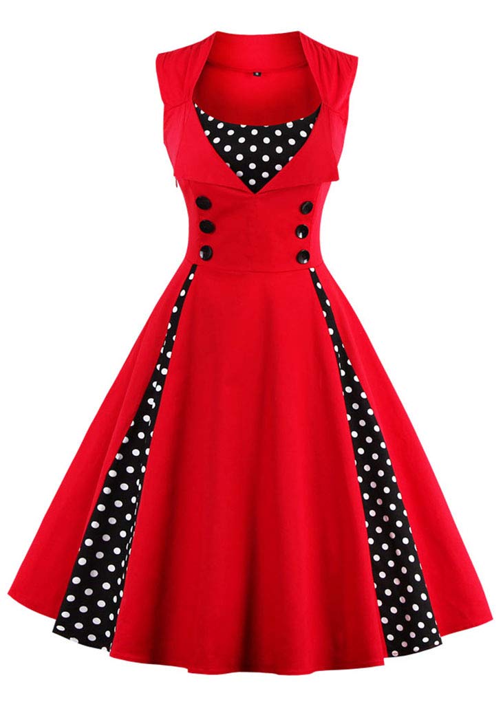 Nihsatin Women's 1950s Vintage Sleeveless Swing Pinup Party Classy Dress Red - Image 1